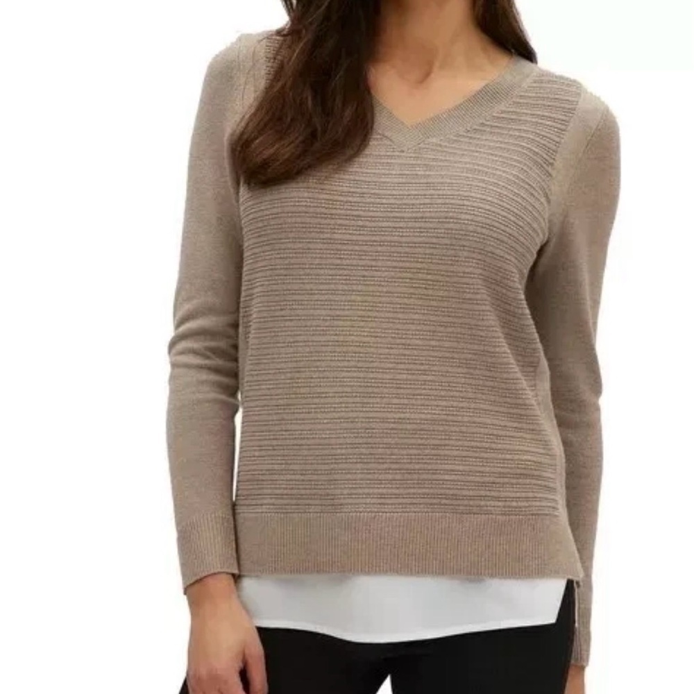 Ladies' Hilary Radley Two-fer Long Sleeve Sweater V Neck Large Heather MochaB34